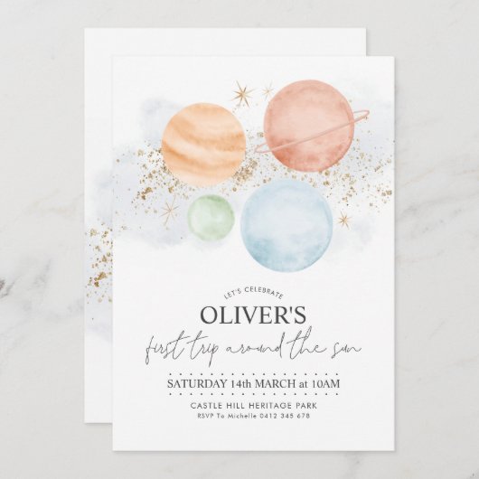 初めての旅のまわりには太陽の第1誕生日招待状 招待状 (正面/裏面)