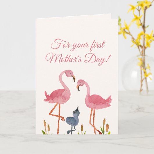 初めての母の日のフラミンゴカード カード (黄色い花)