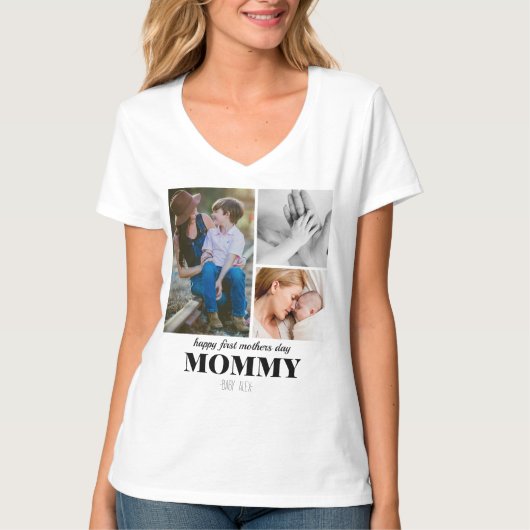初めての母の日 かわいい3枚フォトコラージュ プラーク Tシャツ (正面)