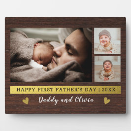 初めての父の日 3枚の写真 コラージュ ラスティック ウッド フォトプラーク