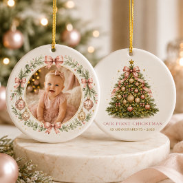 初めての祖父母としてのクリスマス 女の子リボン 写真 セラミックオーナメント