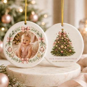 初めての祖父母としてのクリスマス 女の子リボン 写真 セラミックオーナメント