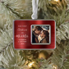 初めての結婚クリスマスフォト 赤ブラシメタルのオーナメント シルバープレートフレームオーナメント