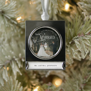 初めての結婚クリスマス カップル 写真 シルバープレートバナーオーナメント