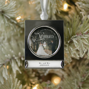 初めての結婚クリスマス カップル 写真 シルバープレートバナーオーナメント