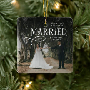 初めての結婚クリスマス カップル 写真 セラミックオーナメント