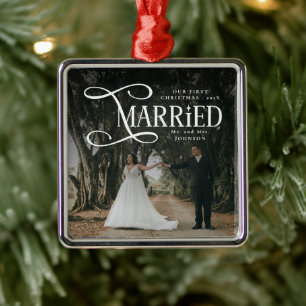 初めての結婚クリスマス カップル 夫婦 写真 メタルオーナメント
