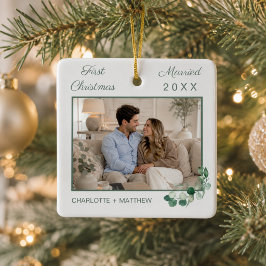 初めての結婚後のクリスマス 写真 ホワイトグリーンネイチャー セラミックオーナメント
