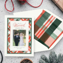 初めての結婚後のクリスマス Plaid ウェディングフォトカード