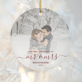 初めての結婚記念のクリスマス オリジナル 写真 赤い手書きフォント セラミックオーナメント