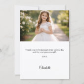 初めての聖体拝領のピンクの蝶リボンとパールの写真の少女 サンキューカード (裏面)