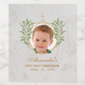 初めての聖体拝領の写真 緑の葉の茂み 金のマーブル ワインラベル (シングルラベル)