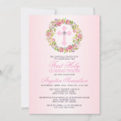 初めての聖体拝領の女の子の花の十字架 招待状 (正面)