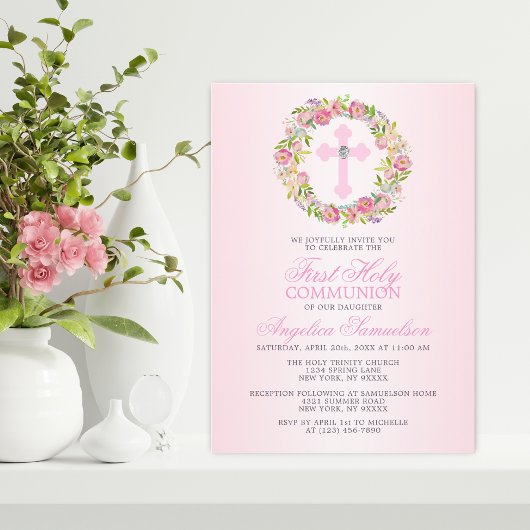 初めての聖体拝領の女の子の花の十字架 招待状