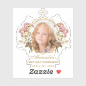 初めての聖体拝領の少女の写真　ゴールドの花模様　ピンクのラン シール (シート)