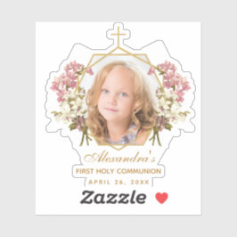 初めての聖体拝領の少女の写真　ゴールドの花模様　ピンクのラン シール