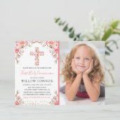 初めての聖体拝領の少女 フローラル・クロス写真 招待状 (スタンド正面)