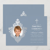初めての聖体拝領の少年写真　ダスティーブルー　偽銀色 招待状 (正面/裏面)