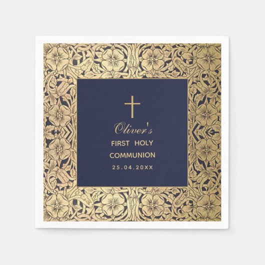 初めての聖体拝領の少年 ネイビーブルー ヴィンテージ ゴールドのバラ スタンダードカクテルナプキン (正面)