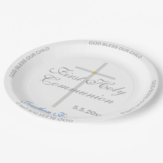 初めての聖体拝領の少年 名 銀の十字架 ペーパープレート (アングル)