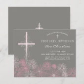 初めての聖体拝領の招待状 クロスとデイジー付き 招待状 (正面/裏面)
