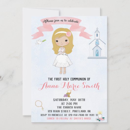 初めての聖体拝領の招待状 女の子の招待状 招待状 (正面)