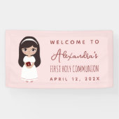 初めての聖体拝領 おめでとう 黒髪の少女 ピンク かわいい 横断幕 (横)