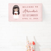 初めての聖体拝領 おめでとう 黒髪の少女 ピンク かわいい 横断幕 (インサイチュ)