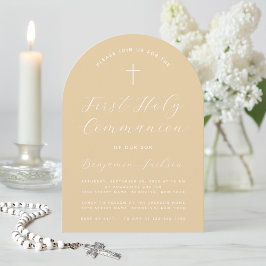 初めての聖体拝領 アーチ ベージュ シンプル モダン スクリプト 招待状