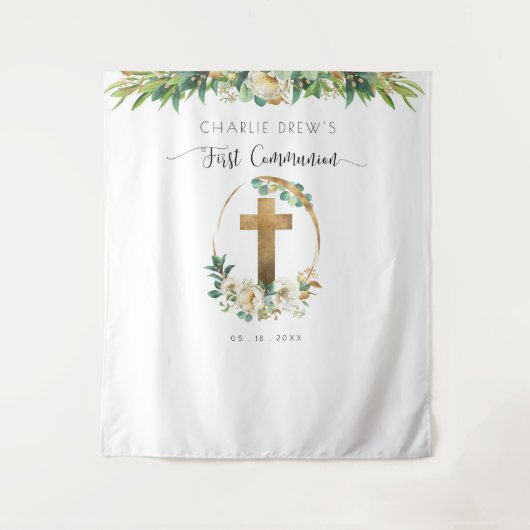 初めての聖体拝領、エレガントなグリーン写真用背景 タペストリー (正面)