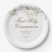 初めての聖体拝領 エレガントなホワイト ブルーム フラワー ペーパープレート (正面)