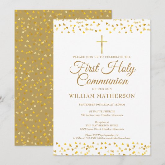 初めての聖体拝領 エレガント ゴールド ハート 招待状 (正面/裏面)