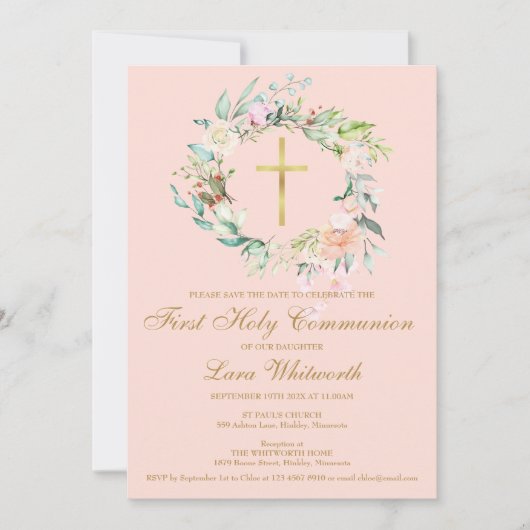 初めての聖体拝領 ゴールドクロス フラワー ブラッシュピンク セーブザデート (正面)