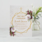 初めての聖体拝領 ゴールドクロス ワインレッドの芍薬 大理石 招待状 (スタンド正面)