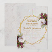 初めての聖体拝領 ゴールドクロス ワインレッドの芍薬 大理石 招待状 (正面/裏面)