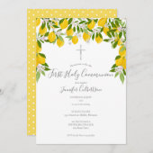 初めての聖体拝領 シルバー十字架 レモン グリーン 招待状 (正面/裏面)