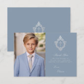 初めての聖体拝領 ダスティーブルー エレガントな少年の写真 crest サンキューカード (正面/裏面)
