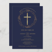 初めての聖体拝領 ネイビーブルー ゴールド クロス フラワー 招待状 (正面/裏面)