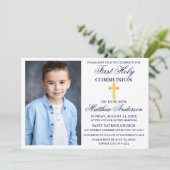 初めての聖体拝領 ネイビーブルー ゴールド 十字架 ストライプ 招待状 (スタンド正面)