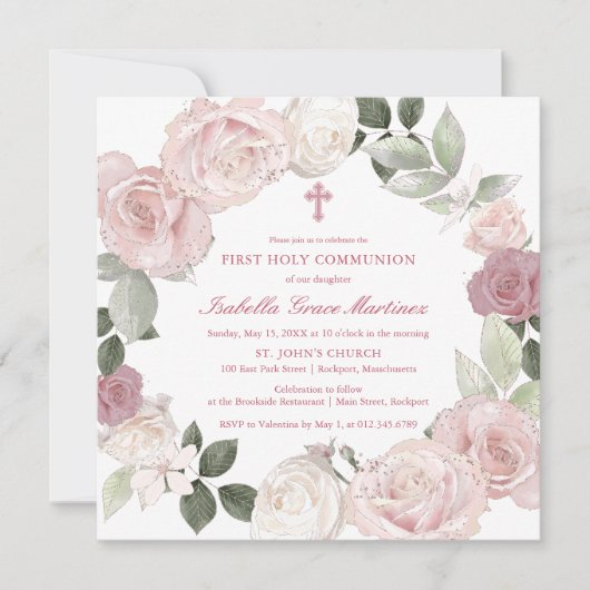 初めての聖体拝領 ピンクのバラの花 招待状 (正面)