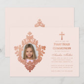 初めての聖体拝領 ピンクの女の子の写真 ヴィンテージ ローズゴールド 招待状 (正面/裏面)