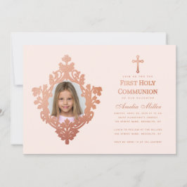 初めての聖体拝領 ピンクの女の子の写真 ヴィンテージ ローズゴールド 招待状