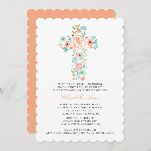 初めての聖体拝領 ピンクの水彩花のクロス 招待状 (正面/裏面)