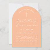 初めての聖体拝領 ピーチ アーチ シンプル ガール スクリプト 招待状 (正面)