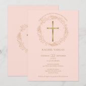 初めての聖体拝領 ブッシュピンク ゴールド クロス フラワー 招待状 (正面/裏面)