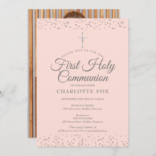 初めての聖体拝領 ブッシュピンク シルバー 写真 招待状 (正面/裏面)