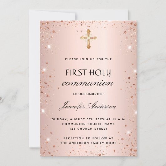 初めての聖体拝領 ローズゴールド グリッター ダスト エレガント 招待状 (正面)