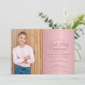 初めての聖体拝領 ローズゴールド ハート フォト 招待状 (スタンド正面)
