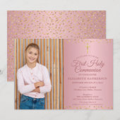 初めての聖体拝領 ローズゴールド ハート フォト 招待状 (正面/裏面)