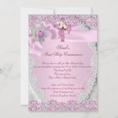初めての聖体拝領 十字架 ピンクレース 女の子 招待状 (正面)